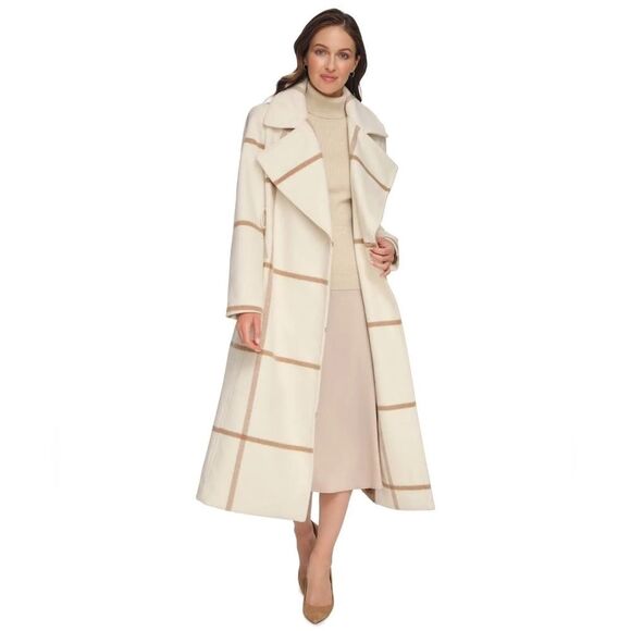 DKNY Notch Collar Belted Wrap Cream and Tan Plaid Classic Trench Coat, Size M - Picture 2 of 5